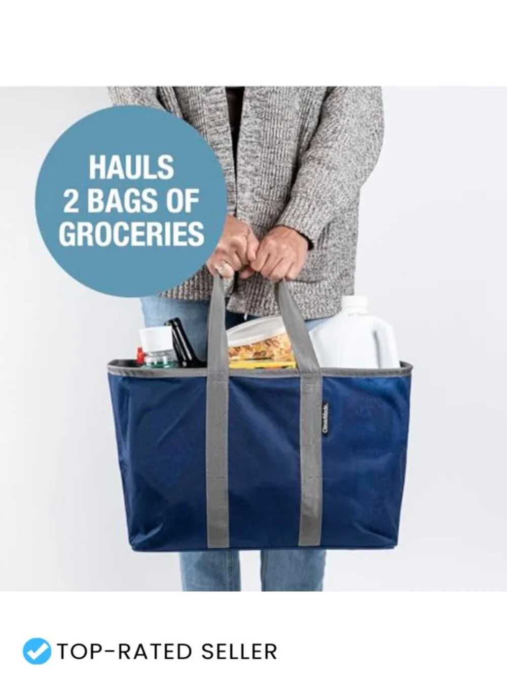 Collapsible Reusable Grocery Tote Basket with Steel Rim, Folds Flat
